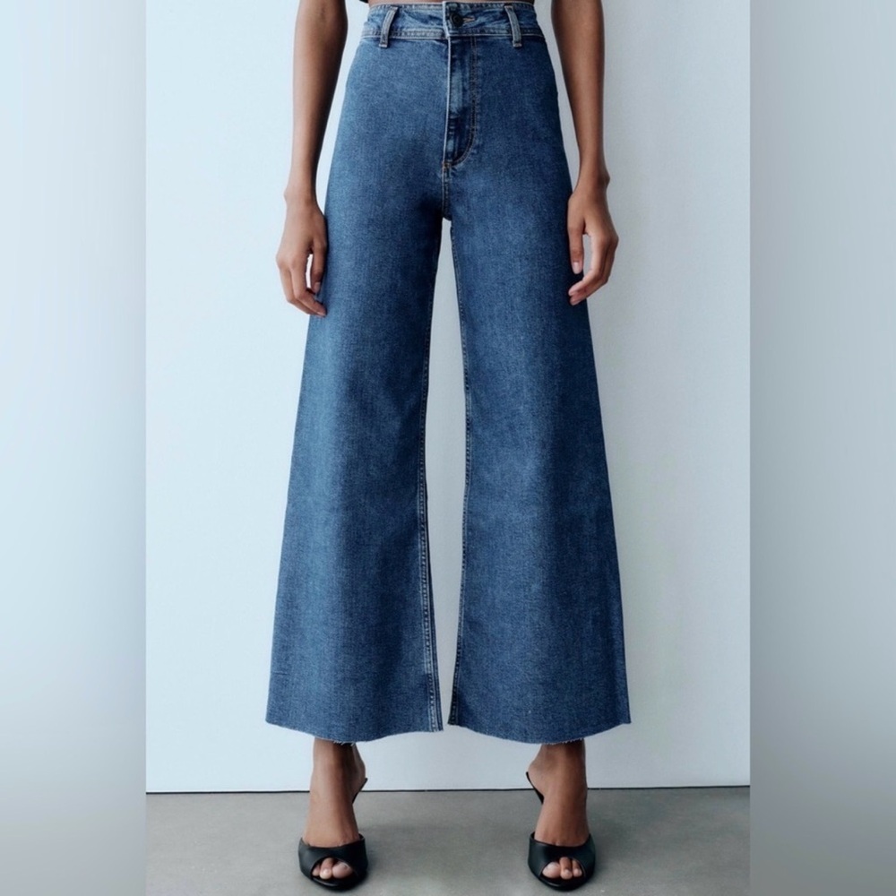 Zara The Marine Ultra High Rise Straight Denim Ankle Cropped Wide Leg Jeans